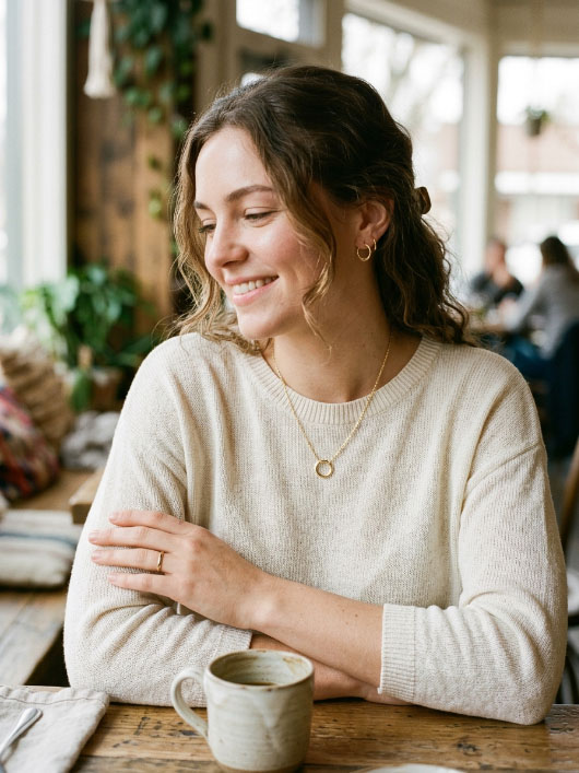 Everyday 18K gold jewelry including a necklace, ring, and earrings.