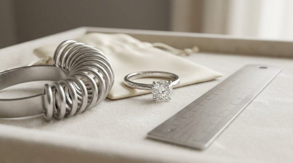 A set of steel ring sizers beside a solitaire diamond ring and a measuring gauge.