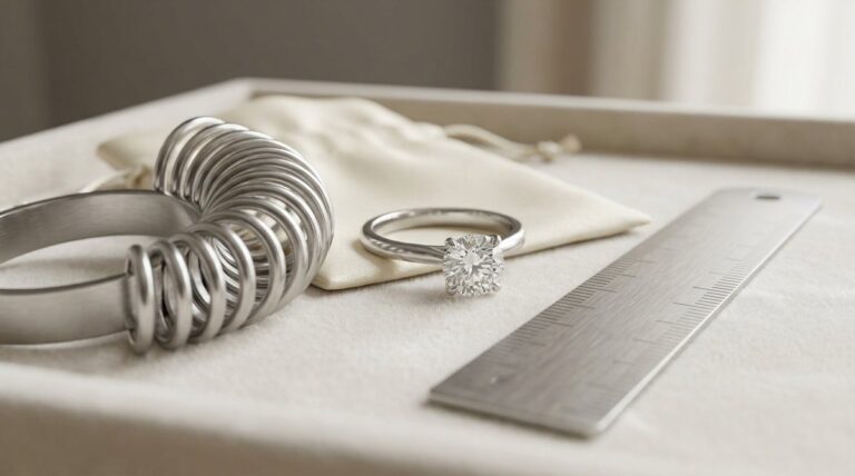 A set of steel ring sizers beside a solitaire diamond ring and a measuring gauge.