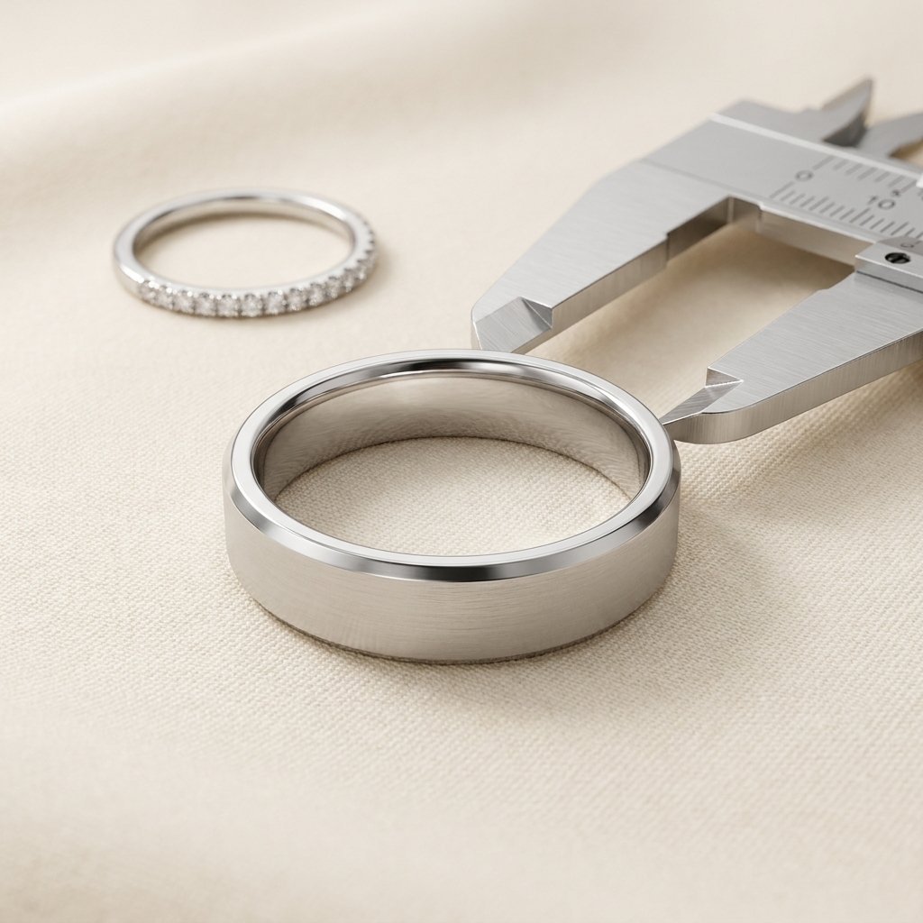 Measuring a man's ring finger with a sizing tool for accurate fit.