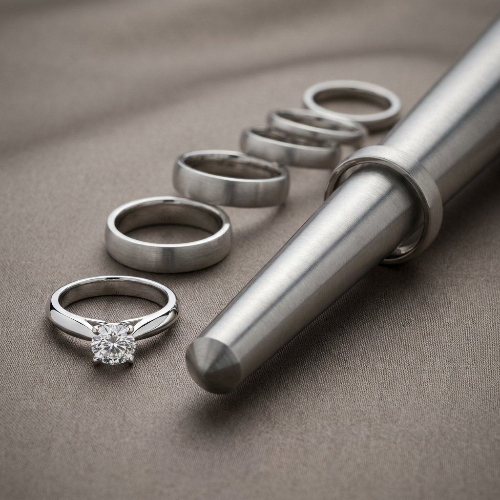 Men's ring size comparison chart showing common sizes 8 through 12 on a sizing display.