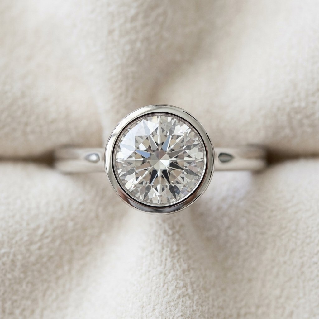 Top-down view of a full bezel setting engagement ring.