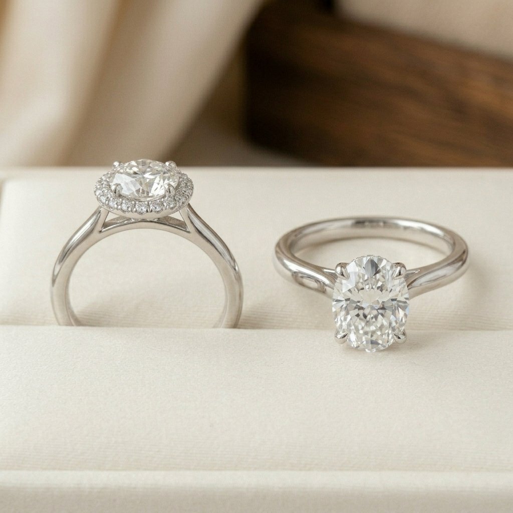 Comparison of low-profile and high-profile cathedral setting engagement rings.
