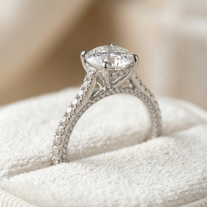 Cathedral setting engagement ring with pavé diamond-set shoulders.