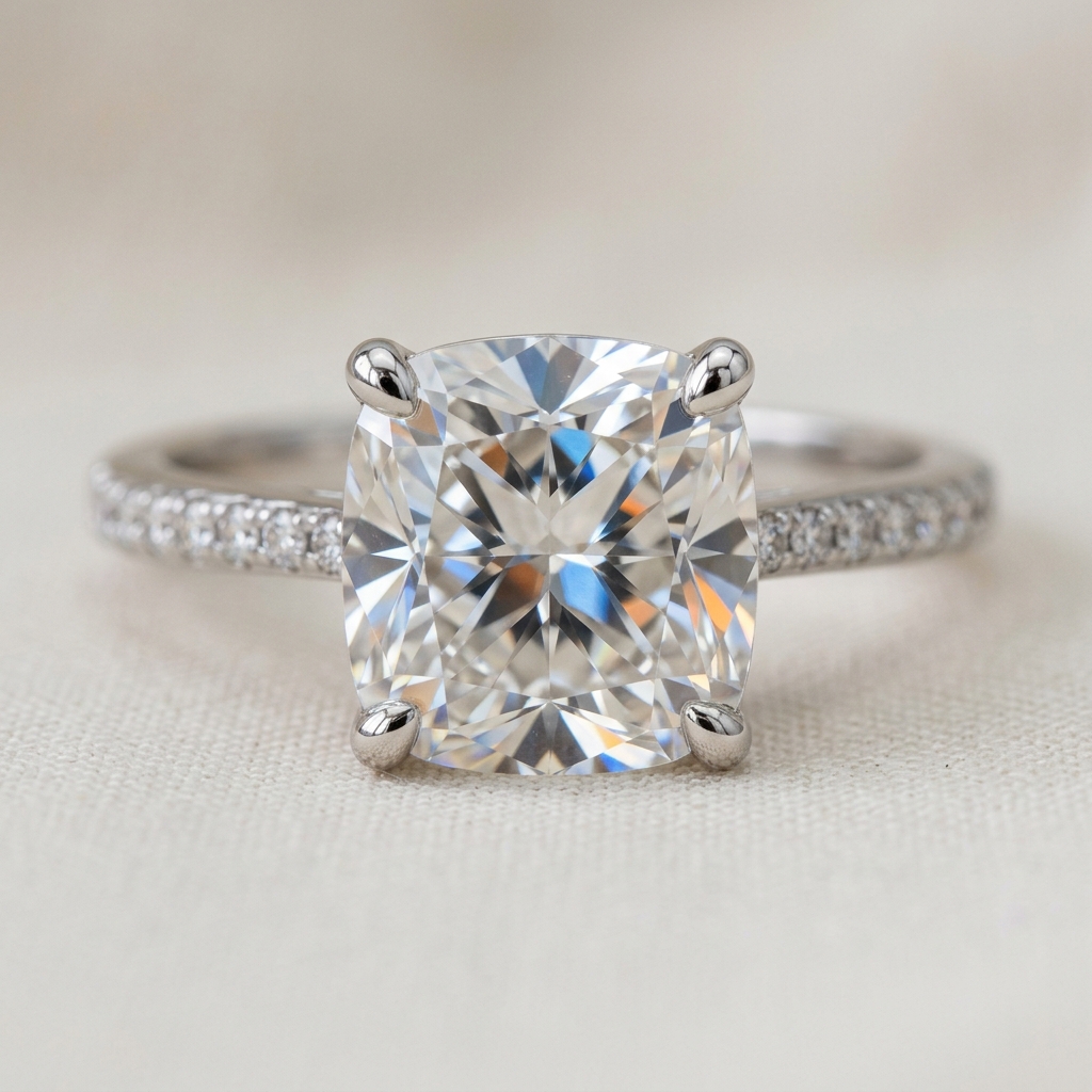 Close-up of cushion cut diamond showing soft corners.