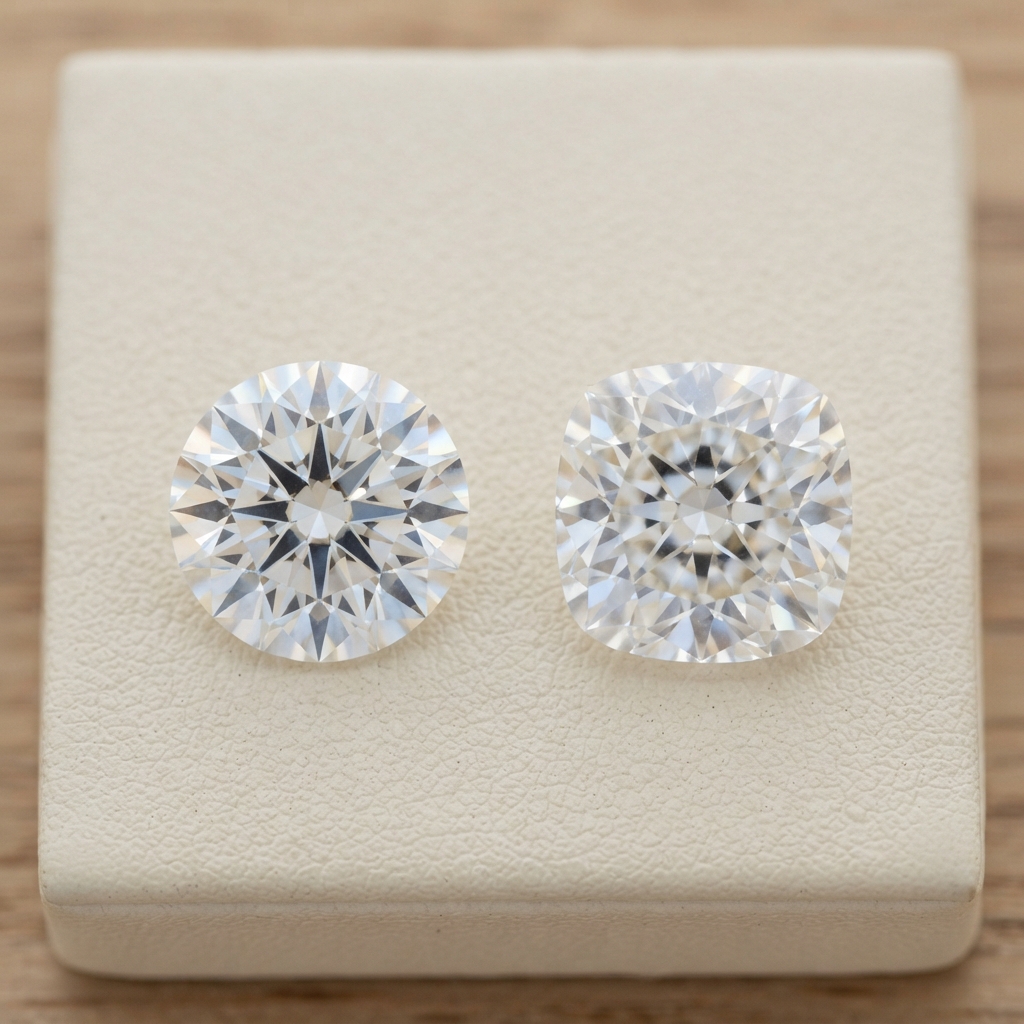 Comparison of cushion cut and round diamond shapes.