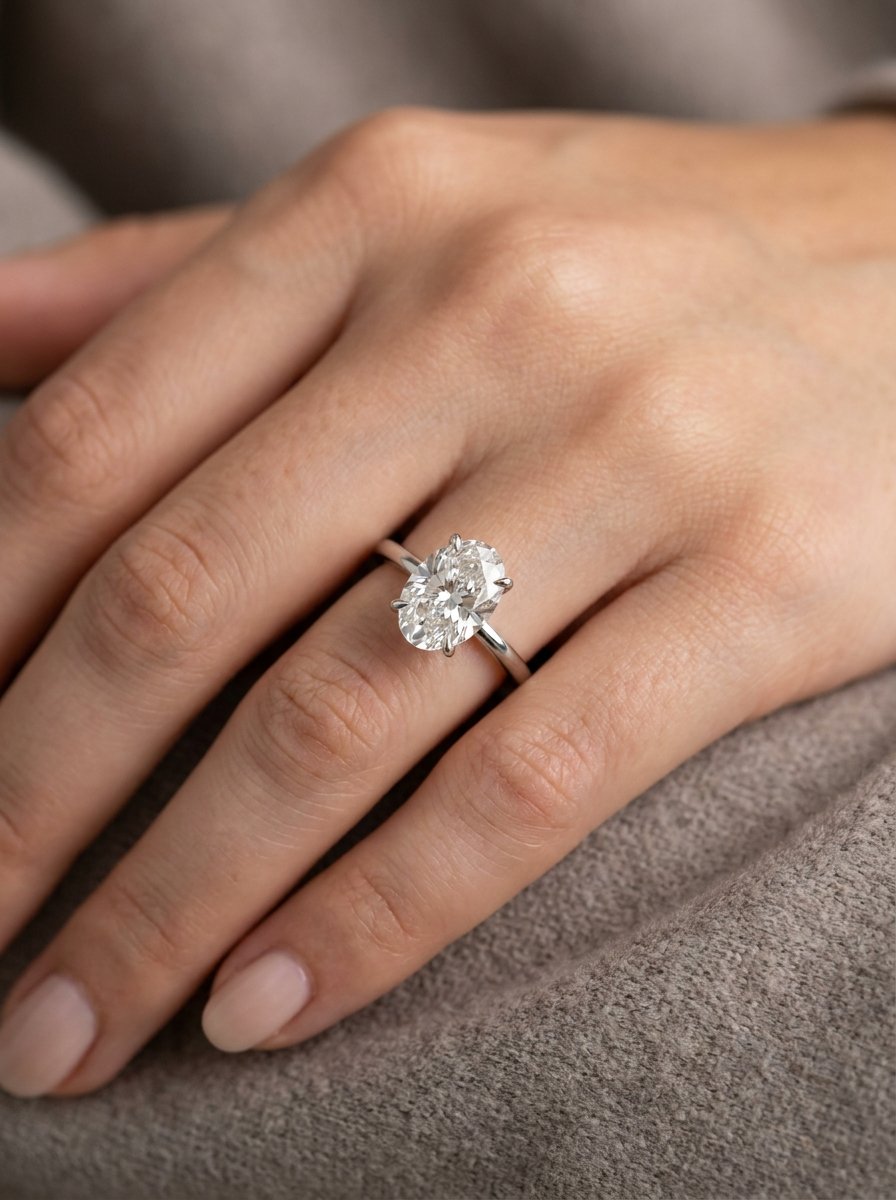 Oval diamond carat size ring on hand.