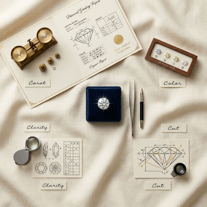 Diamond grading report showing the 4Cs for a lab grown diamond certificate.
