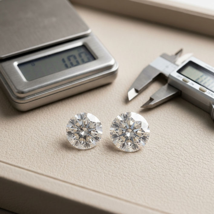 Two diamonds with similar carat weight but different visible face-up size.