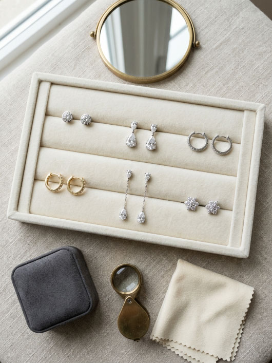 Lab grown diamond earrings buying checklist with studs, drops, hoops, huggies, and teardrop earrings.