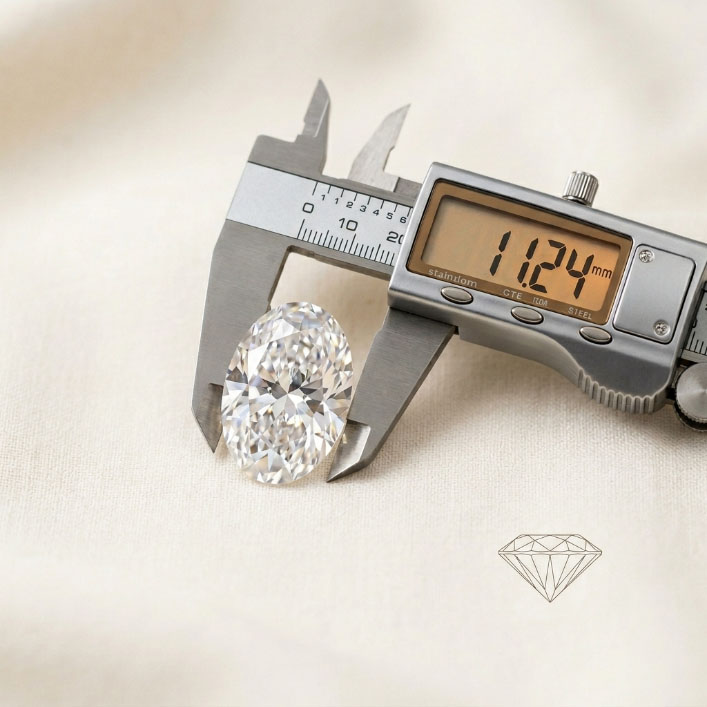 Oval lab grown diamond with caliper explaining length width and depth measurements.
