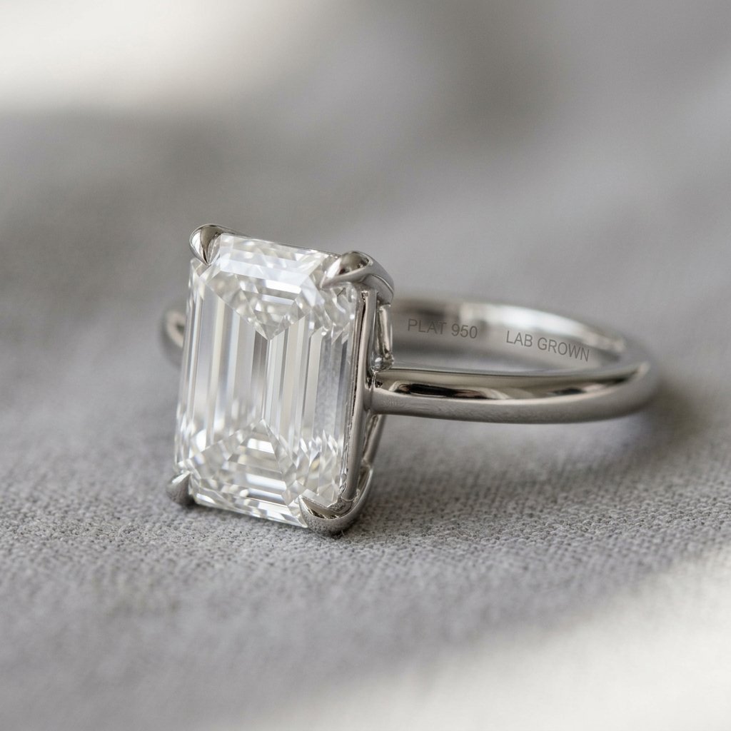 Close-up of emerald cut diamond showing step-cut facets.