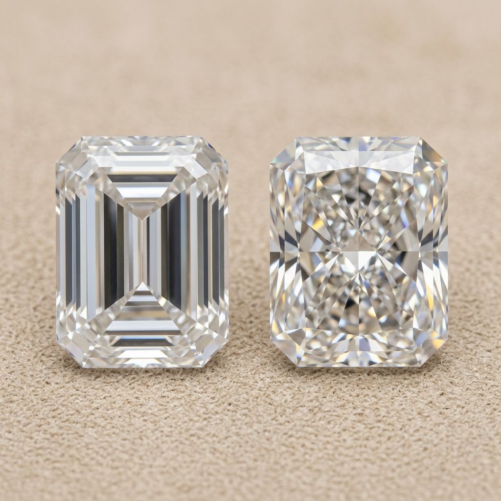 Comparison of emerald cut and radiant cut diamond faceting.