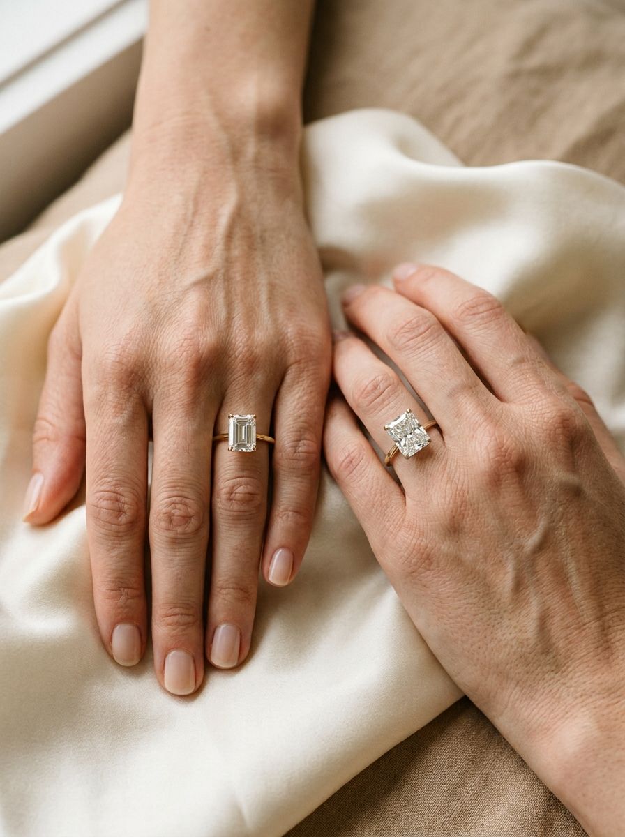 Emerald cut and radiant cut diamonds compared on hand.