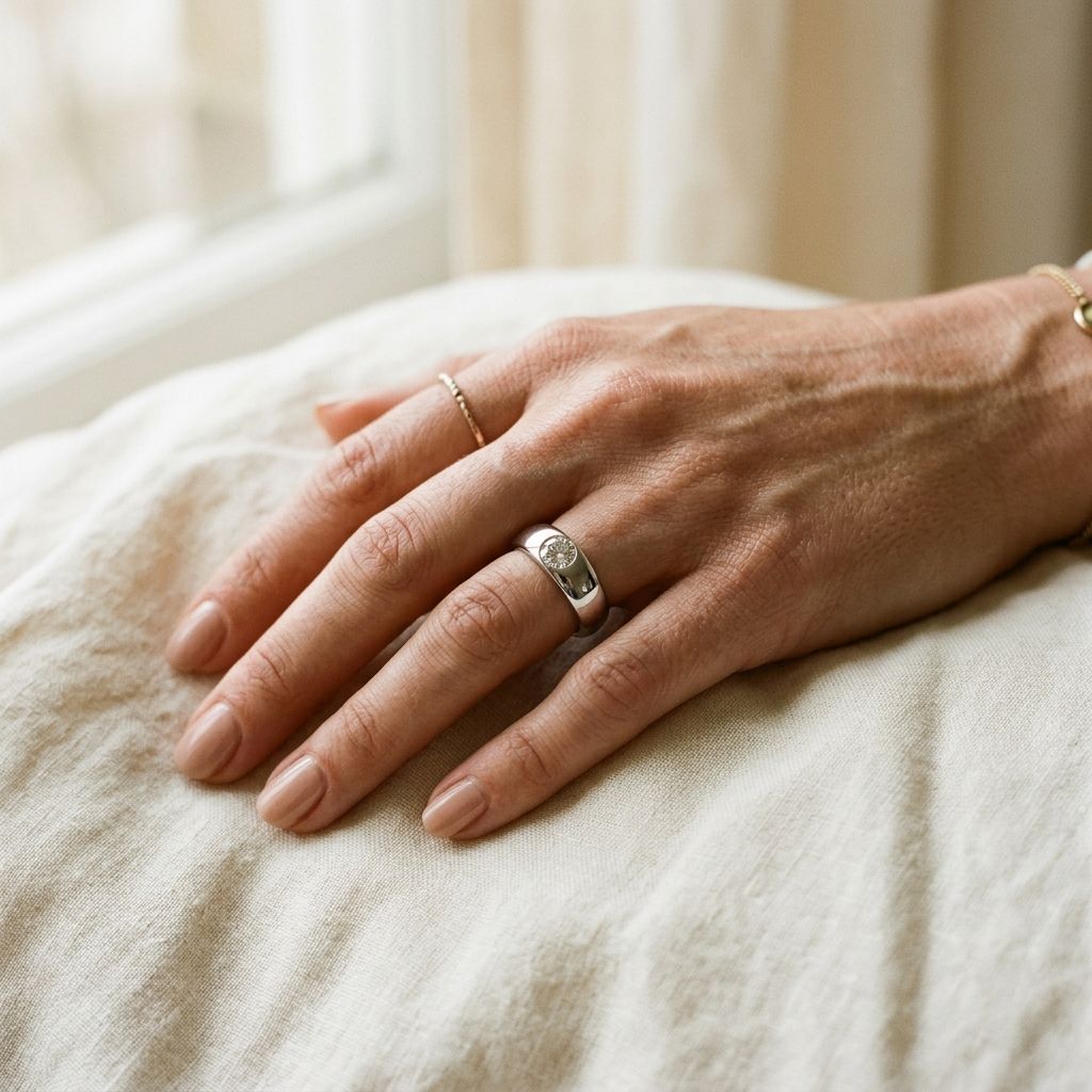 Hand wearing a flush set diamond ring.