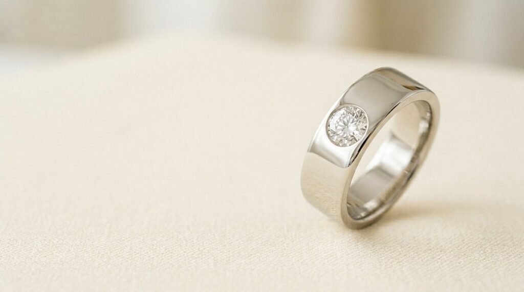 A wide platinum band with a diamond set flush into the metal surface.