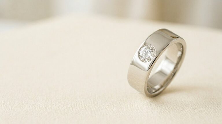 A wide platinum band with a diamond set flush into the metal surface.