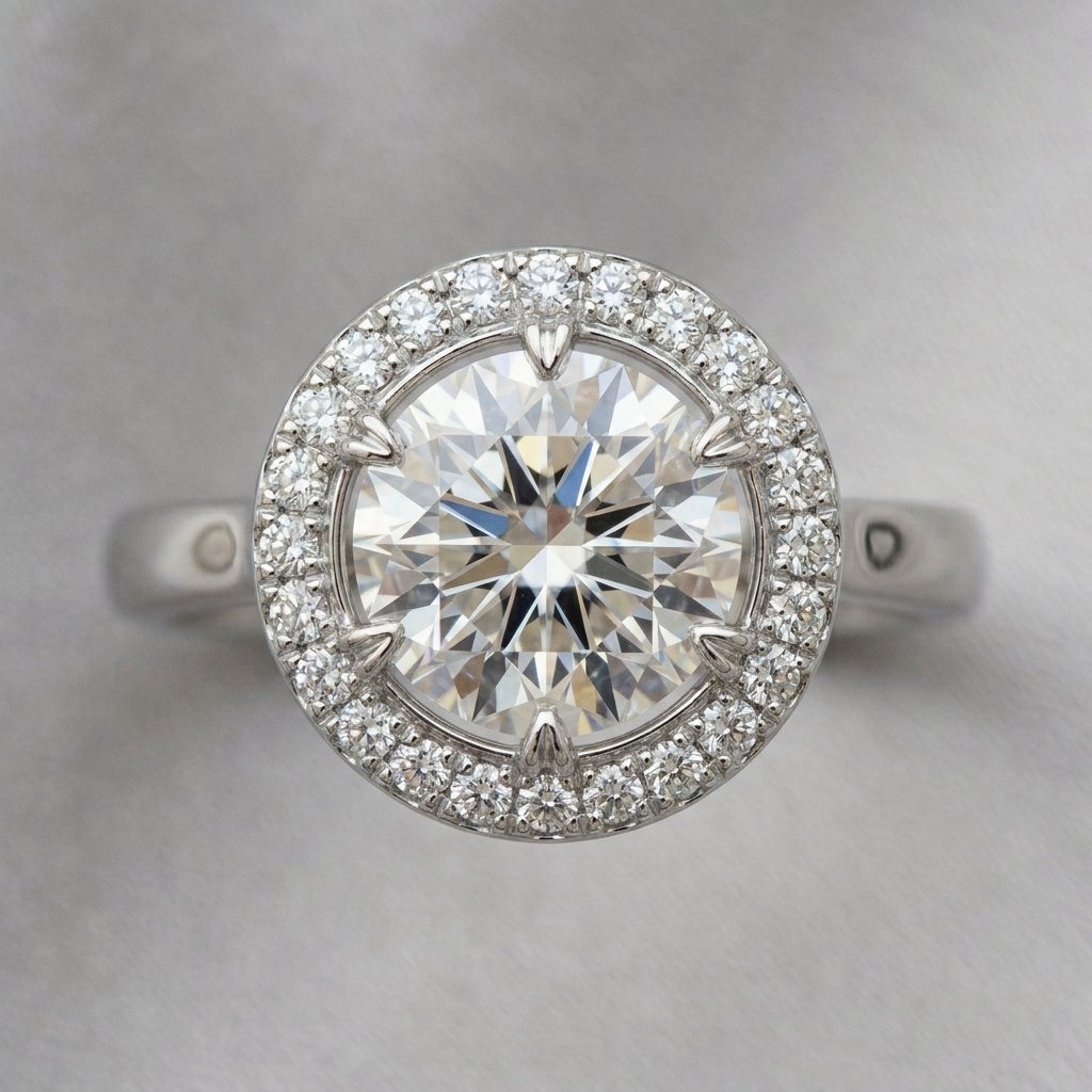 Top-down view of a classic halo setting engagement ring with diamond halo.