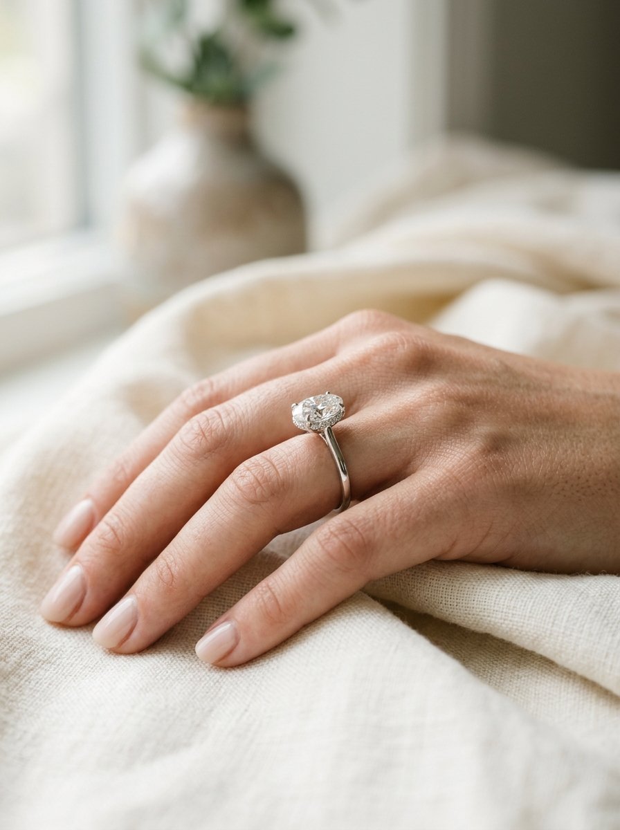 Woman wearing a hidden halo engagement ring on her hand.