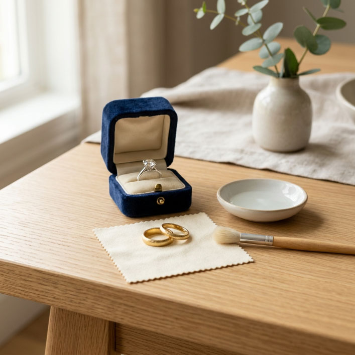 18K gold jewelry care scene with rings, polishing cloth, and jewelry box.