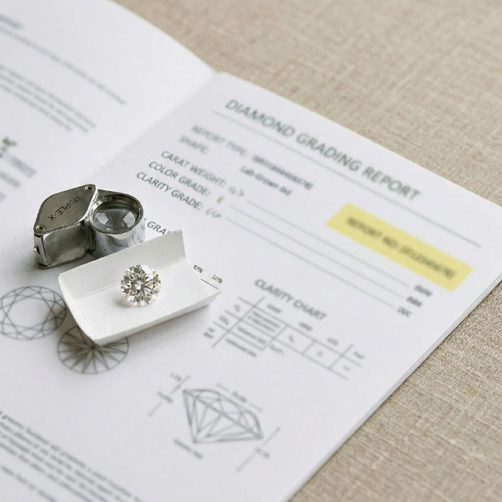 IGI report number area on a lab grown diamond certificate with a loose diamond and loupe.