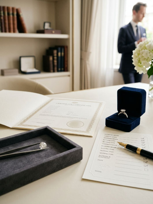 Lab grown diamond certificate buying checklist with diamond, report, ring setting, and pen.