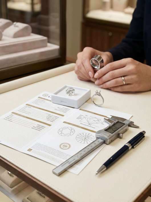 Lab grown diamond buying checklist with diamond, ring setting, grading report, and caliper.