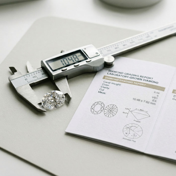 Lab grown diamond measurements explained with an oval diamond and digital caliper.