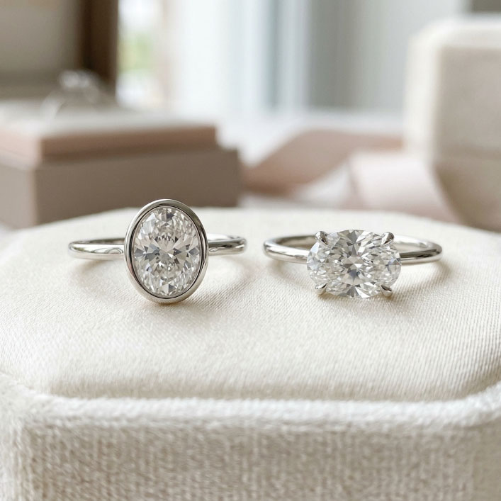 Oval bezel ring and east-west oval ring setting comparison.