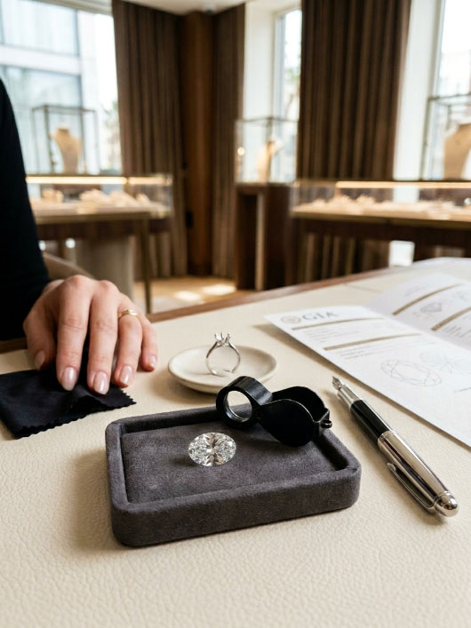 Oval diamond bow-tie buying checklist with diamond, ring setting, report, and loupe.