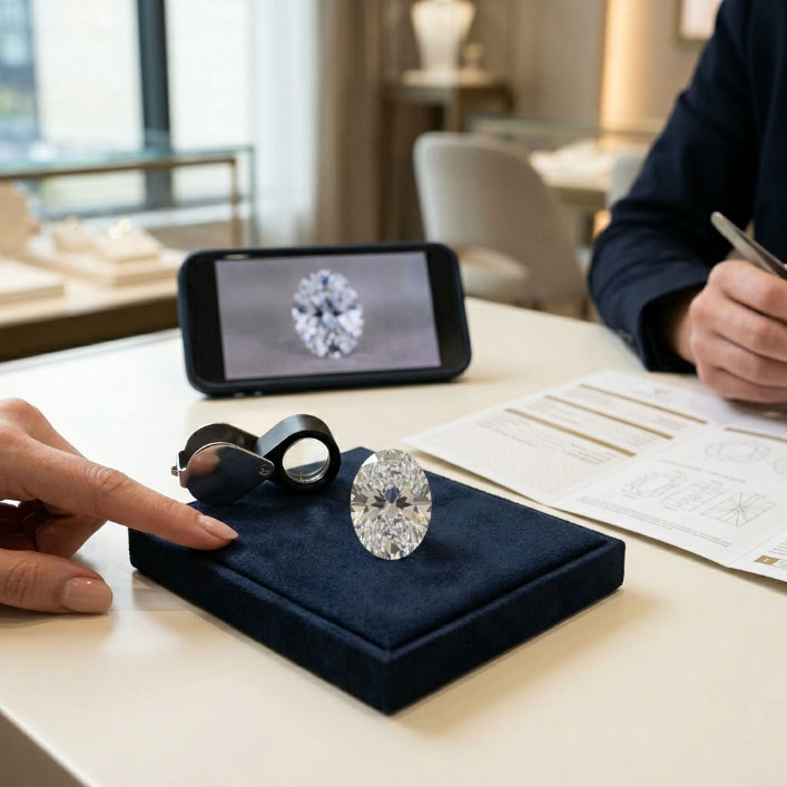 Oval lab grown diamond inspection with video, loupe, and grading report.