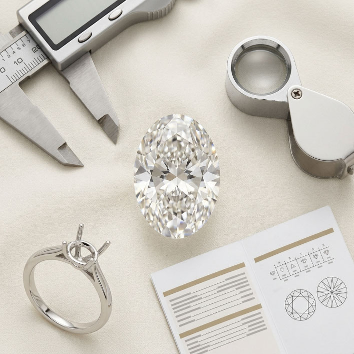 Oval lab grown diamond buying factors with caliper, loupe, report, and ring setting.