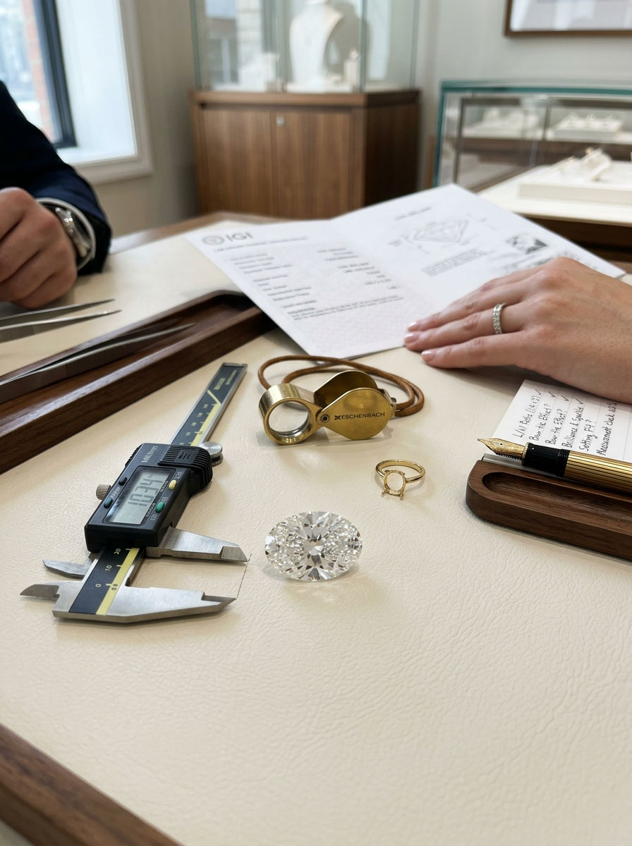 Oval diamond ratio buying checklist with diamond, caliper, ring setting, and grading report.