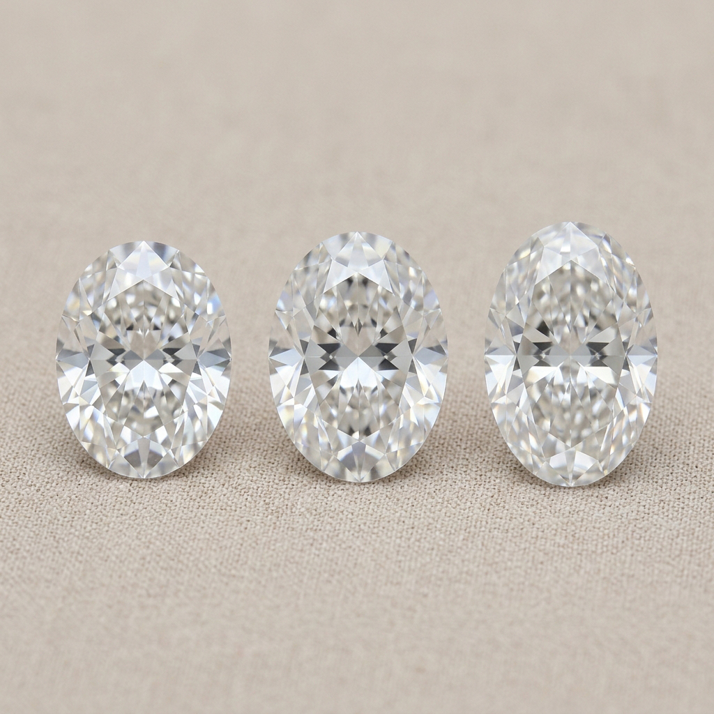 Three oval lab grown diamonds comparing 1.30, 1.40, and 1.50 length-to-width ratios.