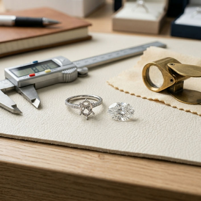 Oval lab grown diamond checked beside a matching oval engagement ring setting.