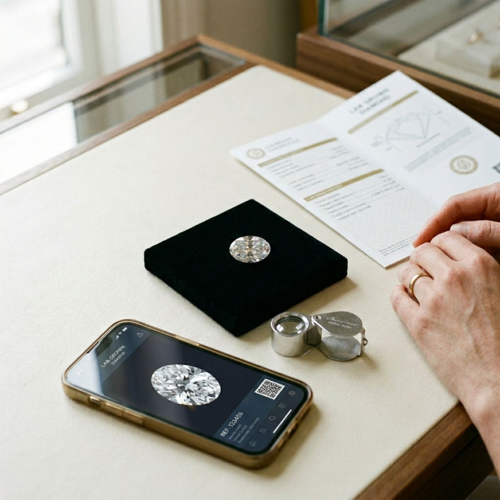Oval lab grown diamond visual check with video, loupe, and grading report.