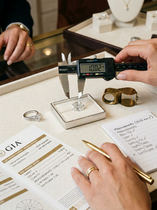 Oval lab grown diamond buying checklist with diamond, ring setting, caliper, loupe, and report.