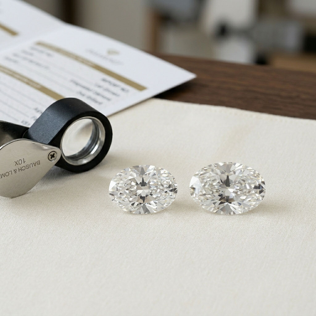 Oval lab grown diamonds showing ratio and bow-tie effect comparison.