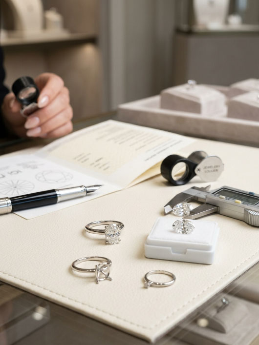 Oval diamond ring setting buying checklist with loose diamond, ring setting, loupe, and grading report.