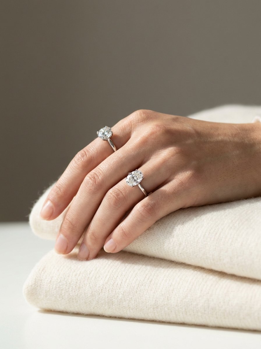 Oval and round diamond on hand.