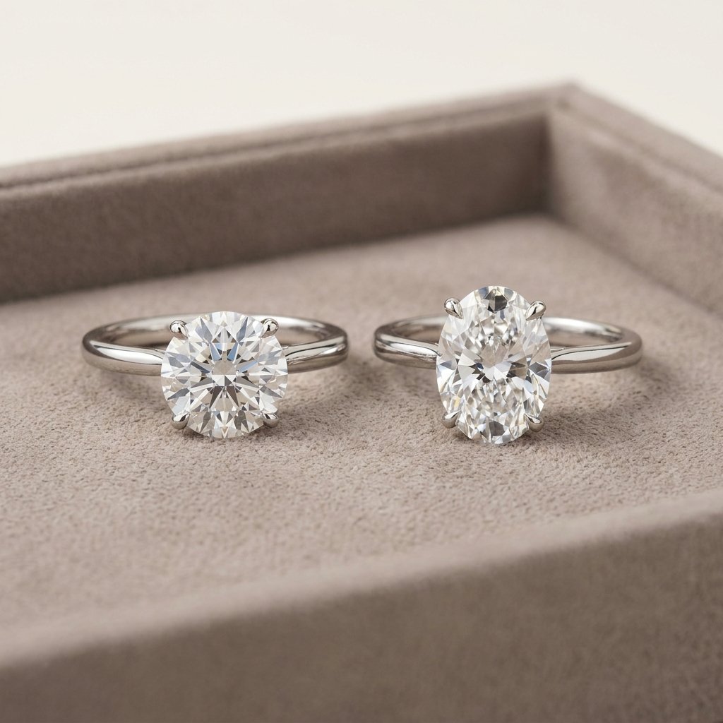 Visual comparison of oval and round diamonds.