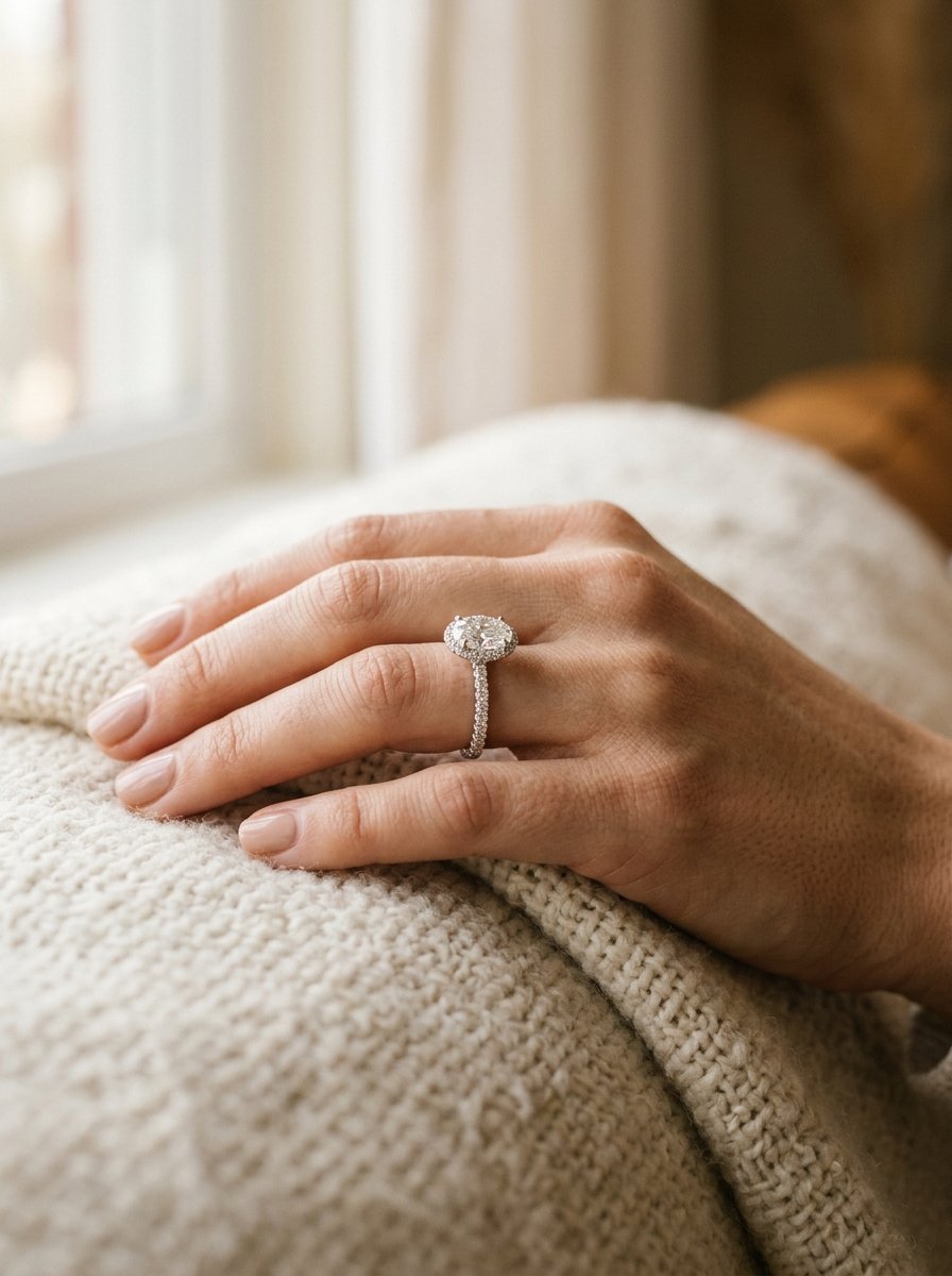 Hand wearing a pavé set engagement ring.