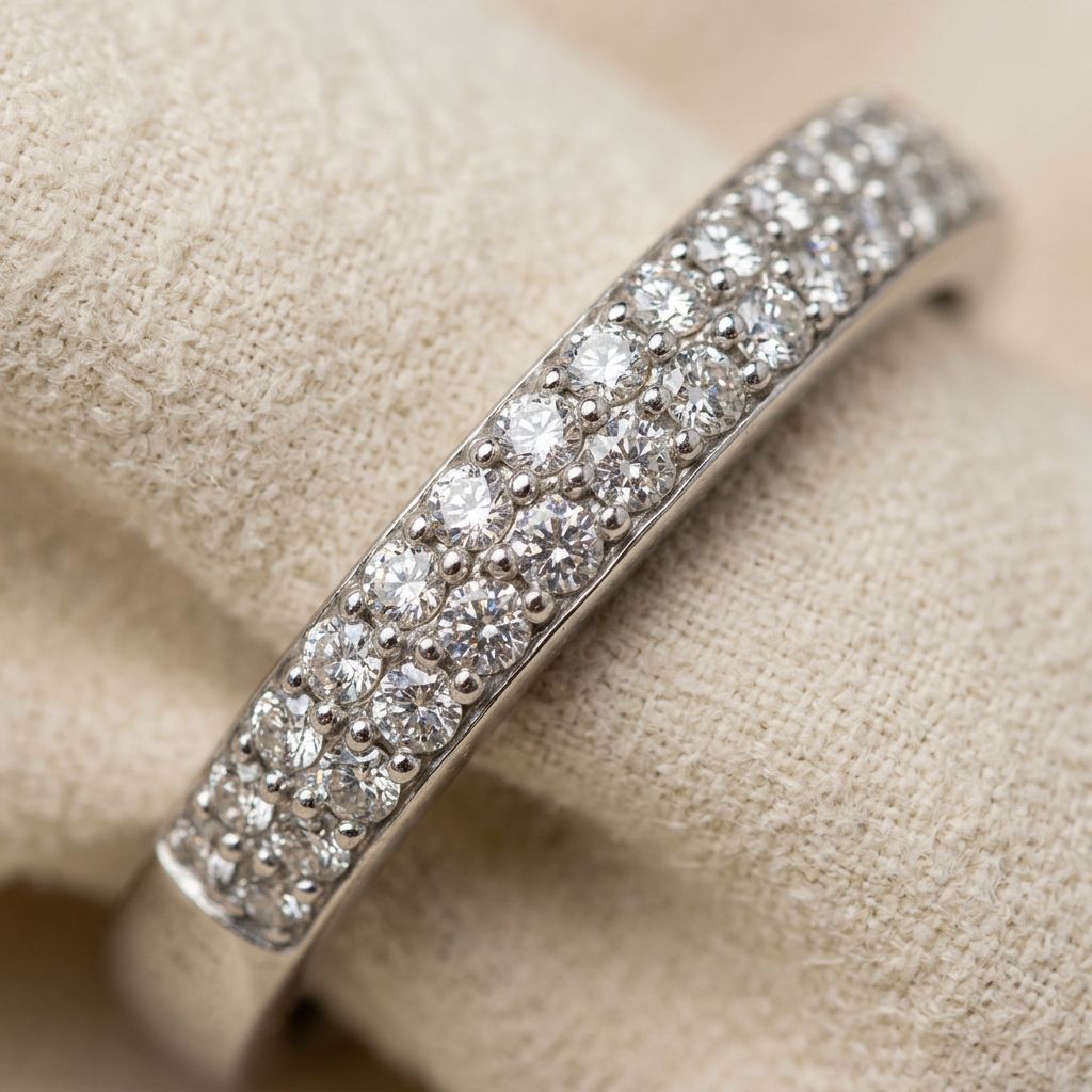 Extreme macro close-up of a pavé-set diamond band.