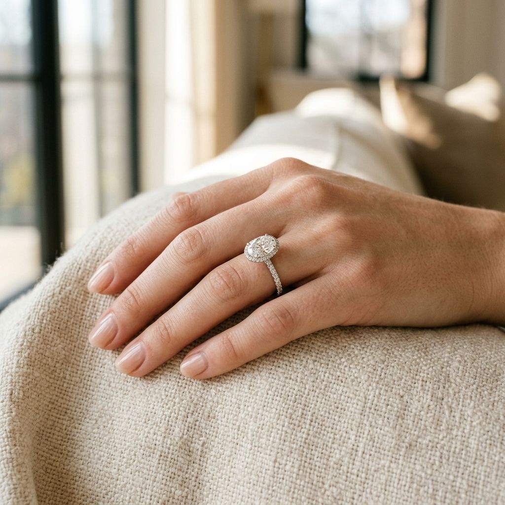 Hand wearing a pavé set engagement ring.