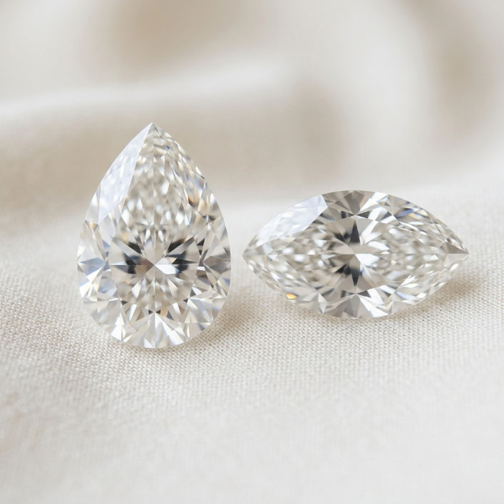 Pear and marquise lab grown diamonds showing possible bow-tie effect.