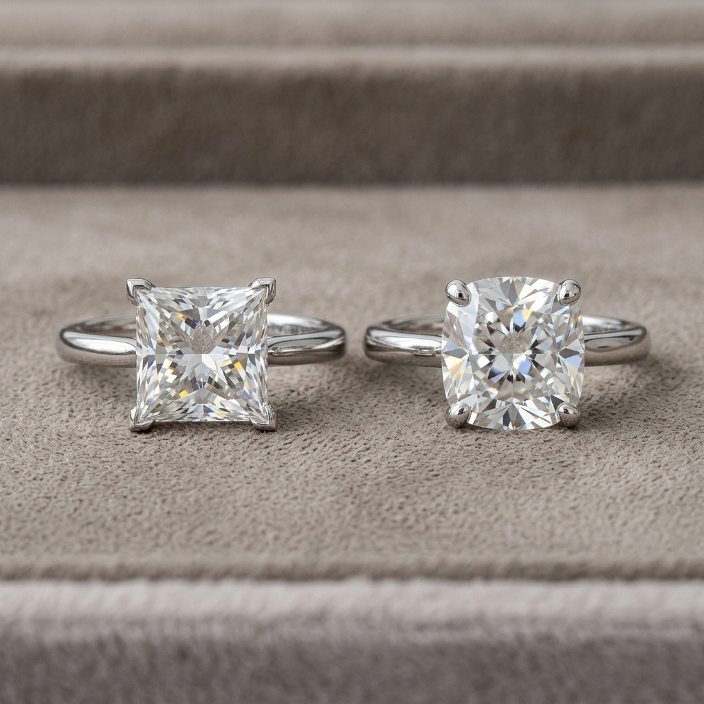 Visual comparison of princess and cushion cut diamonds.