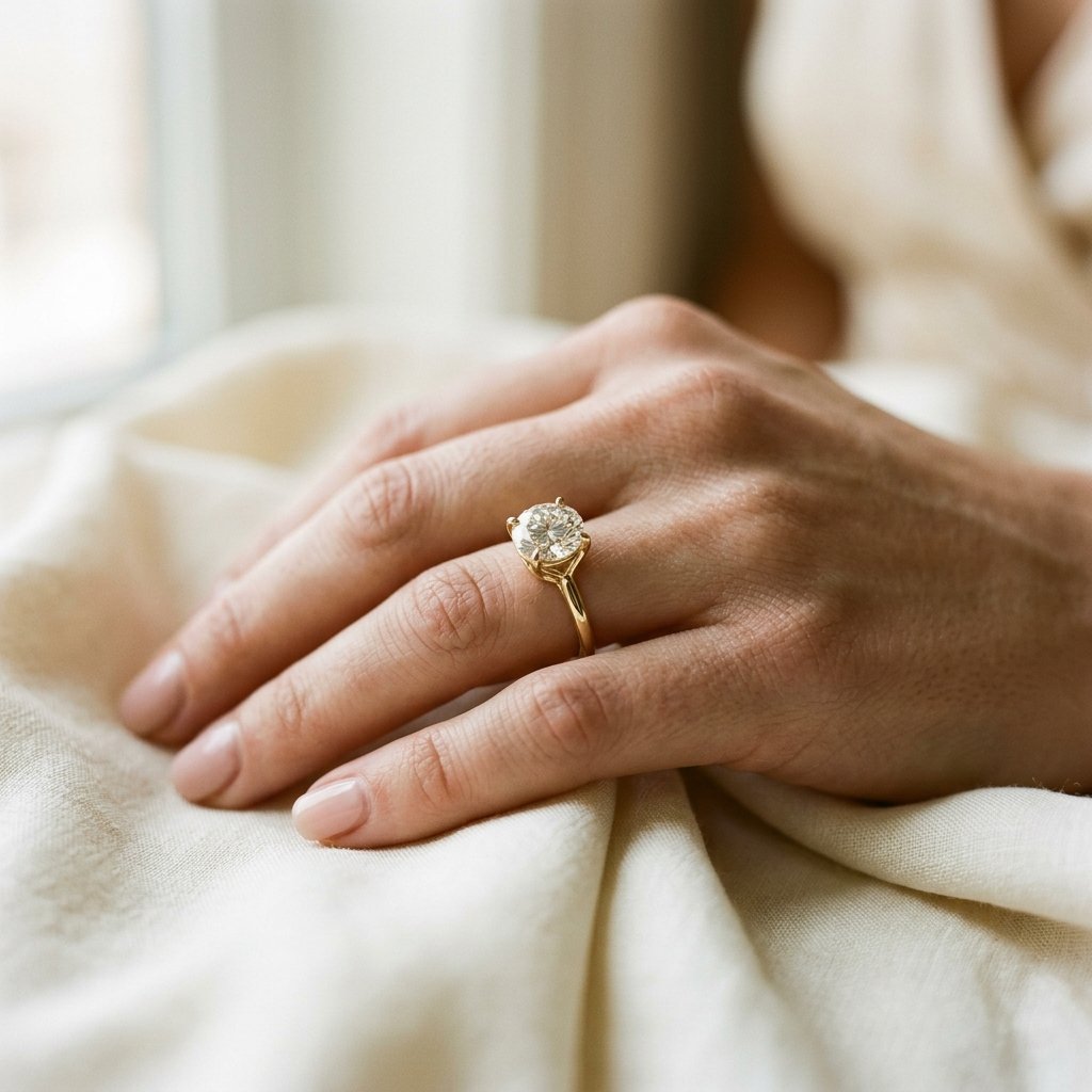 Hand wearing a prong set engagement ring.