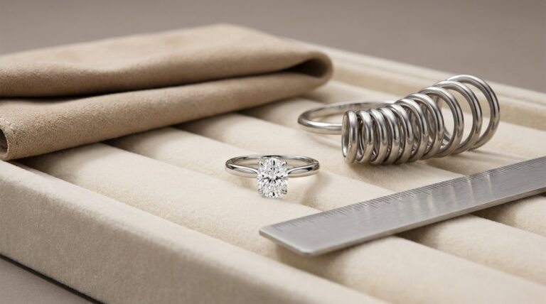 A ring sizer set, measuring gauge and diamond ring laid out for measuring ring size at home.