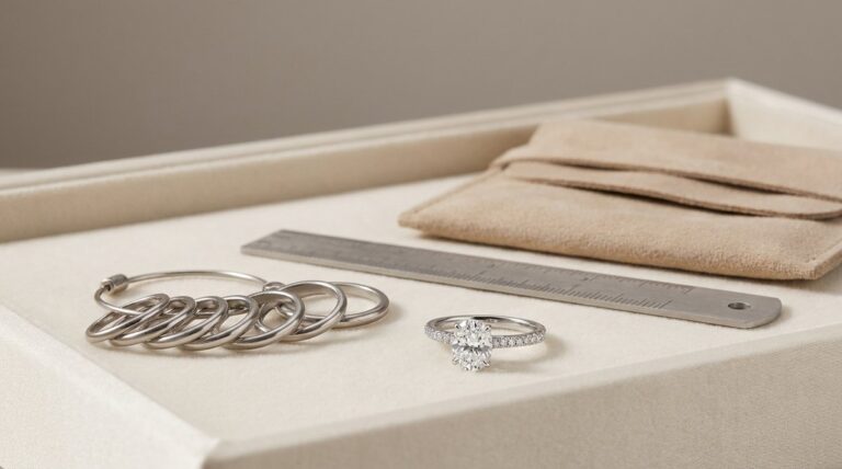 A ring sizer set, measuring gauge and a pavé diamond ring arranged on a jewellery tray.