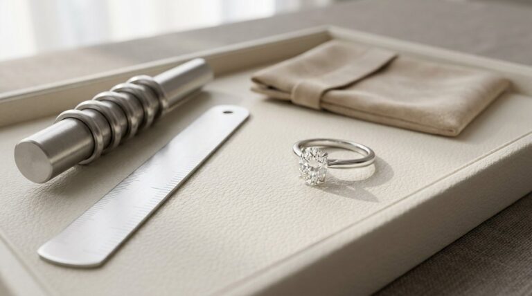 A steel ring mandrel, sizing gauge and a solitaire diamond ring on a jewellery tray.